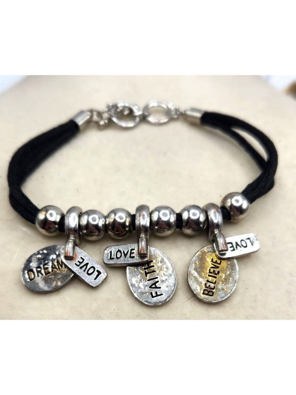 Faith, Dream Believe Cham Bracelet On Silk Cord, Toggle Clasp
